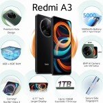 موبايل ريدمي A3 من شاومي، ذاكرة رام 3 جيجابايت، ذاكرة ROM 64 جيجابايت، شاشة HD 6.71 بوصة + 90 هرتز، بطارية 5000 مللي أمبير في الساعة، شريحتي اتصال، كا